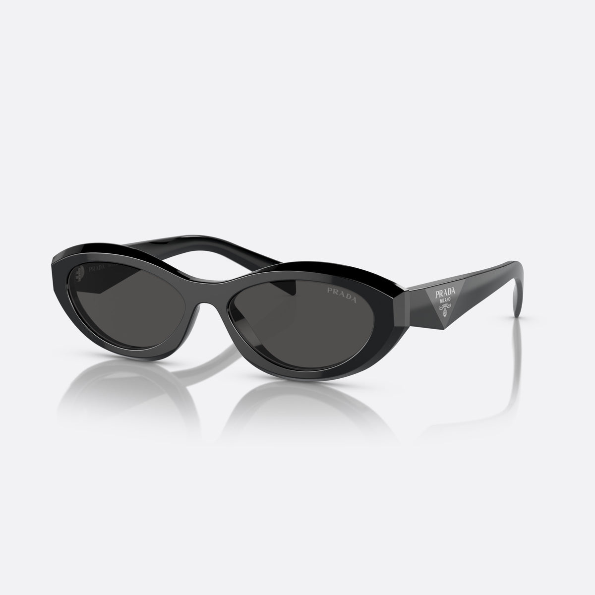Prada PR 26ZS 16K-08Z sunglasses, black irregular frame, unisex, plain integrated bridge, brand logo on temple