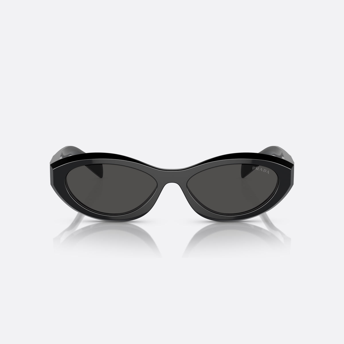 Prada PR 26ZS 16K-08Z sunglasses, black irregular frame, unisex, plain integrated bridge, brand logo on temple, front view