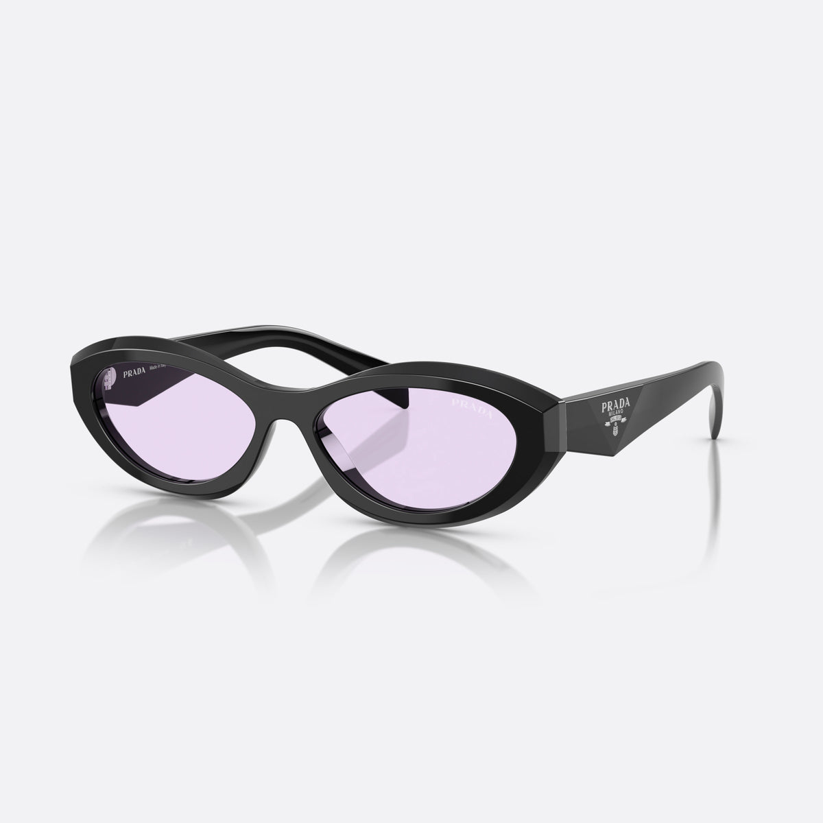 Prada PR 26ZS 16K40J sunglasses, black irregular frame for women, plain bridge, brand logo plaque on temple, full-rim frame