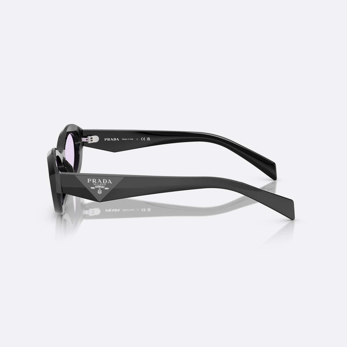 Prada PR 26ZS 16K40J sunglasses, black irregular frame for women, plain bridge, brand logo plaque on temple, full-rim frame, side view