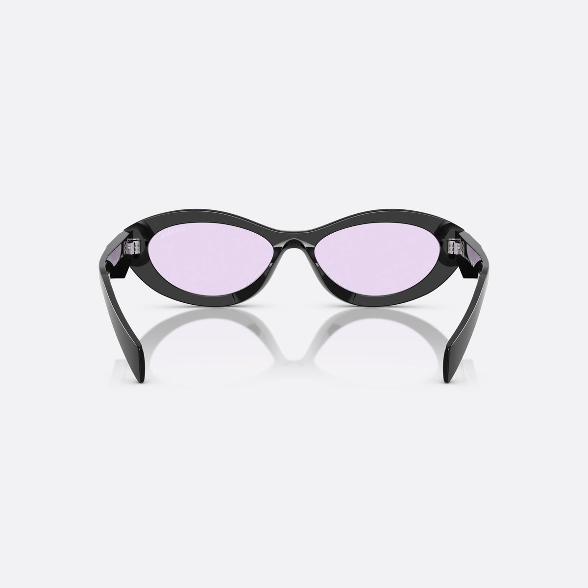Prada PR 26ZS 16K40J sunglasses, black irregular frame for women, plain bridge, brand logo plaque on temple, full-rim frame, back view