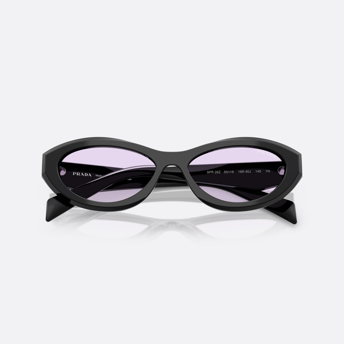 Prada PR 26ZS 16K40J sunglasses, black irregular frame for women, plain bridge, brand logo plaque on temple, full-rim frame, folded
