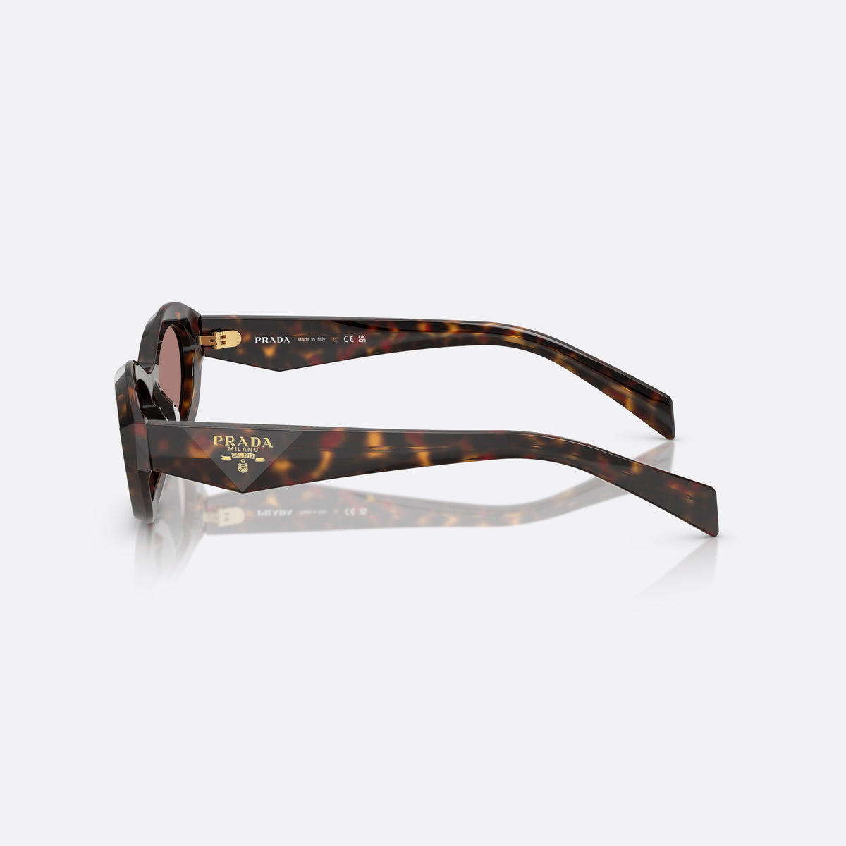 Prada PR 26ZS 17N60B sunglasses, havana irregular frame for women, plain integrated bridge, brand lettering on temples, side view