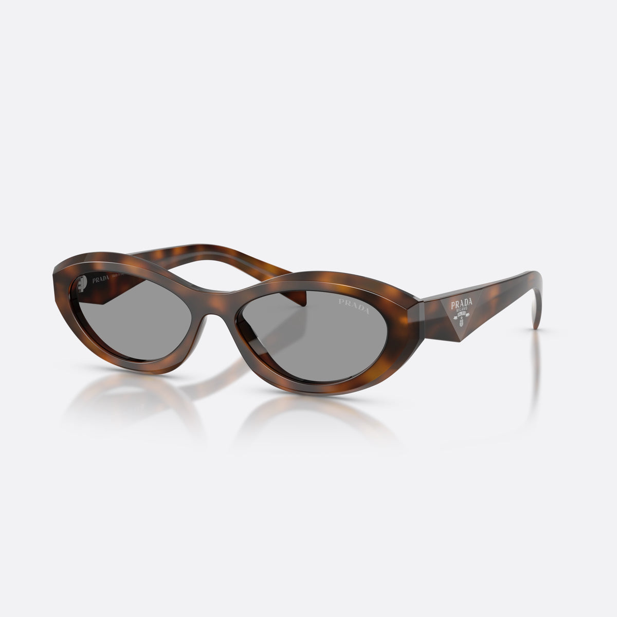 Prada PR 26ZS 20D50Q sunglasses, havana irregular frame for women, plain bridge, triangular brand logo plaque on temple