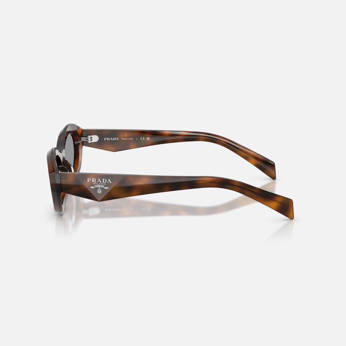 Prada PR 26ZS 20D50Q sunglasses, havana irregular frame for women, plain bridge, triangular brand logo plaque on temple, side view