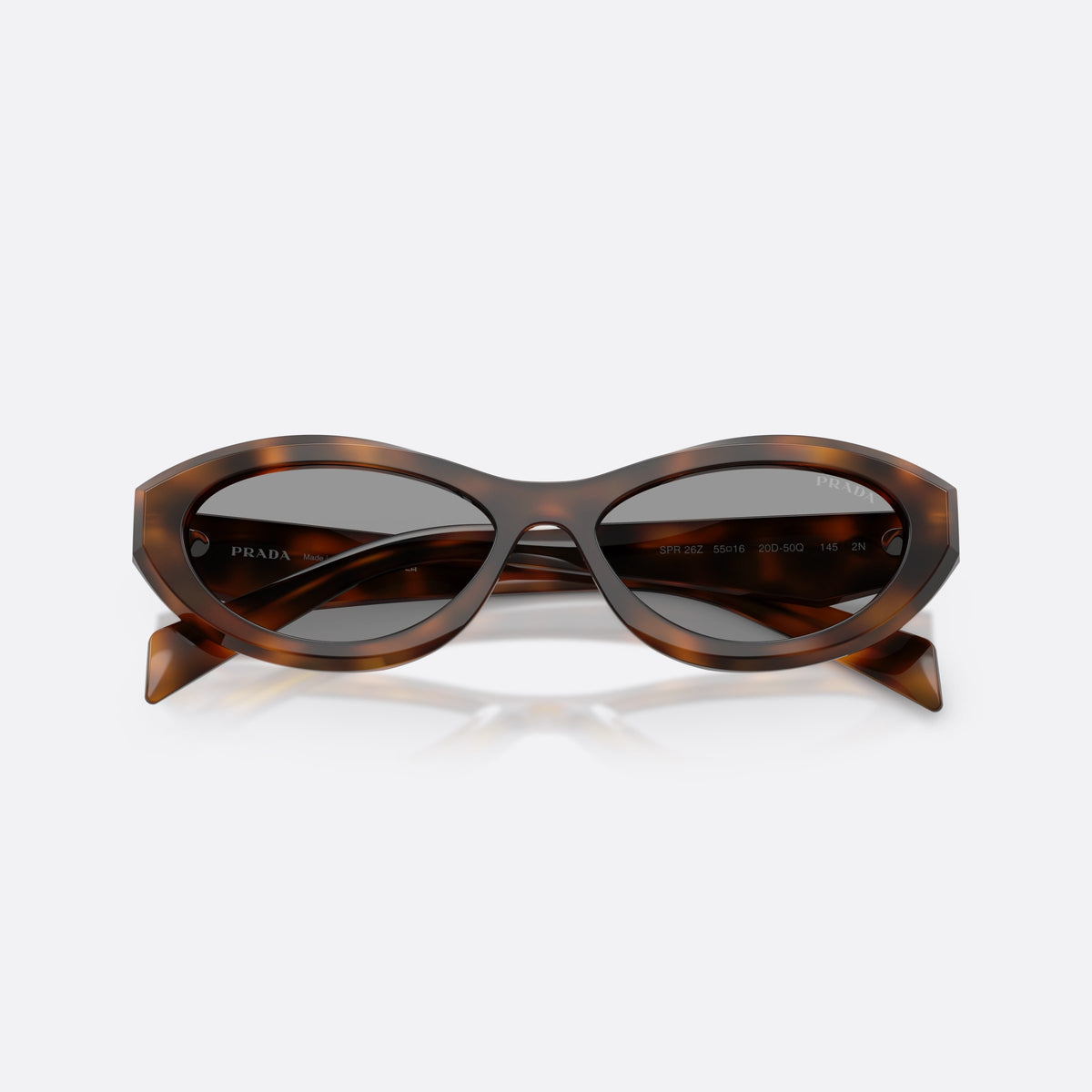 Prada PR 26ZS 20D50Q sunglasses, havana irregular frame for women, plain bridge, triangular brand logo plaque on temple, folded