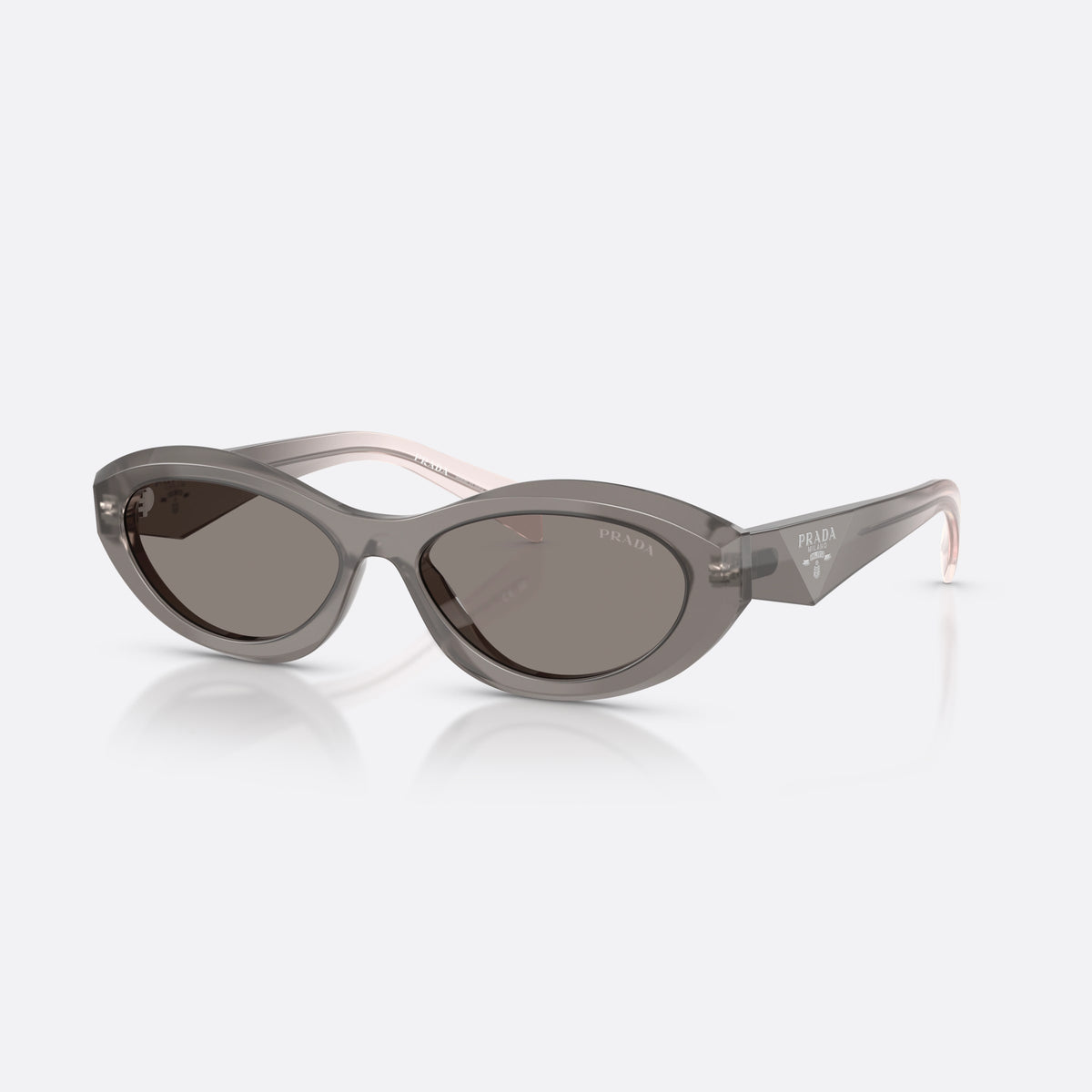Prada PR 26ZS 20F80Q sunglasses, grey irregular frame for women, plain bridge, brand logo on temple plaque, full rim frame
