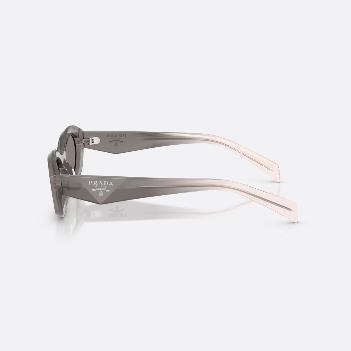 Prada PR 26ZS 20F80Q sunglasses, grey irregular frame for women, plain bridge, brand logo on temple plaque, full rim frame, side view