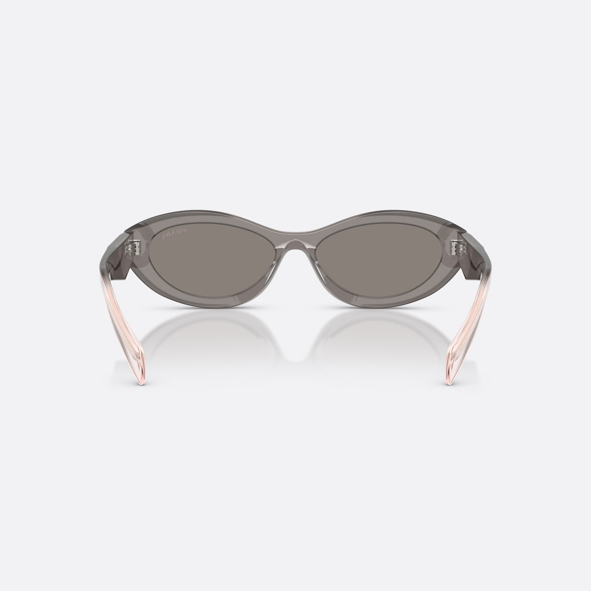 Prada PR 26ZS 20F80Q sunglasses, grey irregular frame for women, plain bridge, brand logo on temple plaque, full rim frame, back view