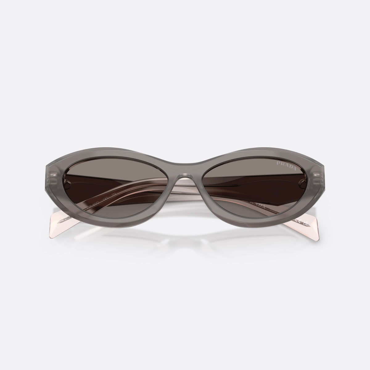 Prada PR 26ZS 20F80Q sunglasses, grey irregular frame for women, plain bridge, brand logo on temple plaque, full rim frame, folded