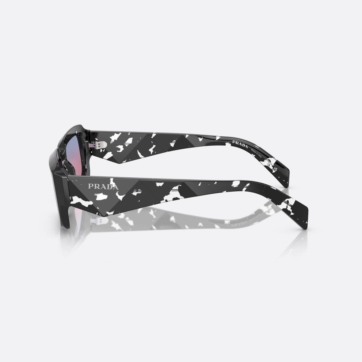 Prada PR 27ZS 15O60E BLPI sunglasses, black geometric frame for men, plain double bridge, brand lettering on temples, side view