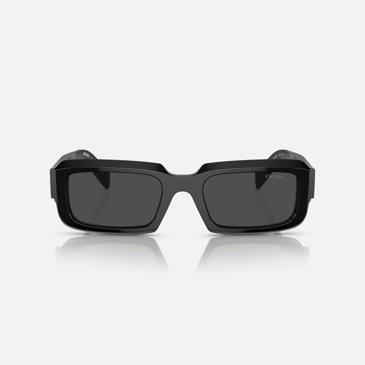 Prada PR 27ZS 16K-08Z sunglasses, black irregular frame for men, plain bridge, brand lettering on temples, full-rim frame, front view
