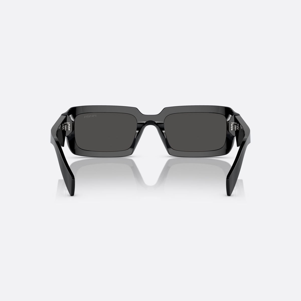 Prada PR 27ZS 16K-08Z sunglasses, black irregular frame for men, plain bridge, brand lettering on temples, full-rim frame, back view