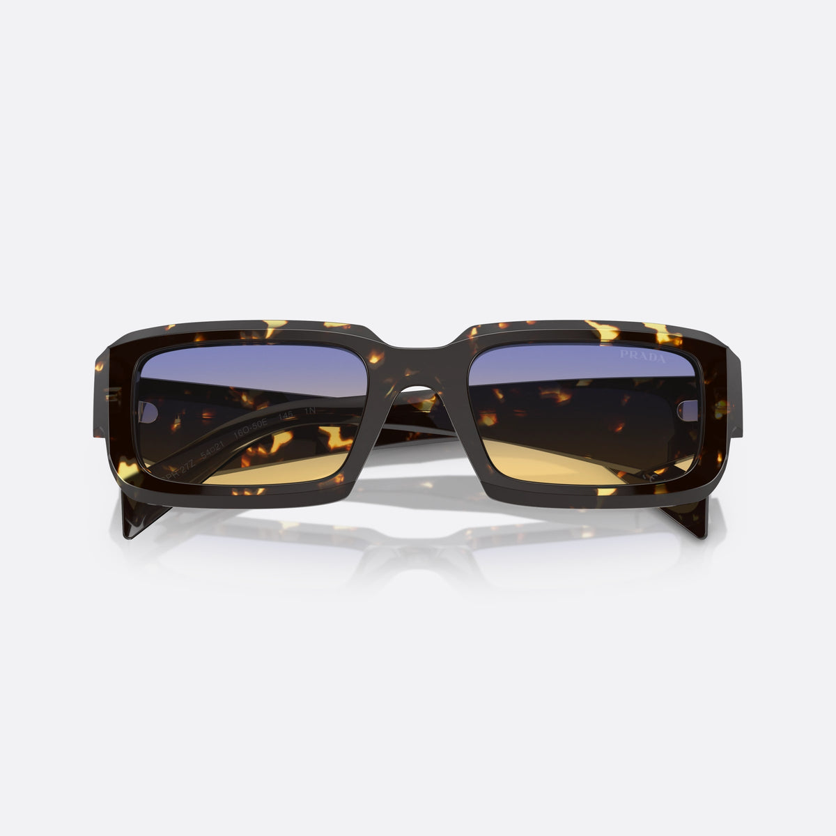 Prada PR 27ZS 16O50E BLDB sunglasses, black geometric frame for men, plain bridge, integrated front, brand lettering on temples, folded