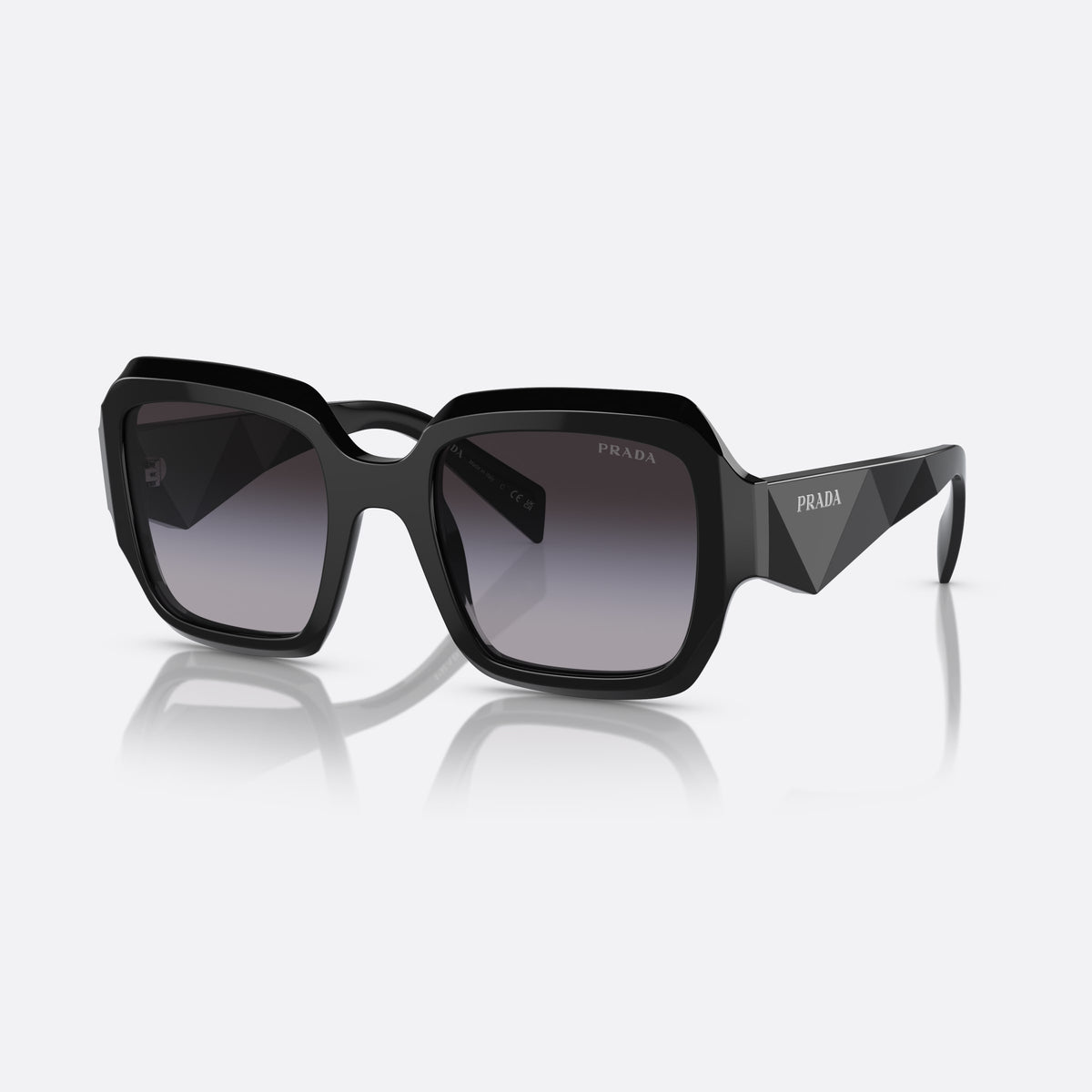 Prada PR 28ZS 16K-90A sunglasses, black pillow frame for women, plain double-arch bridge, brand lettering on the temples