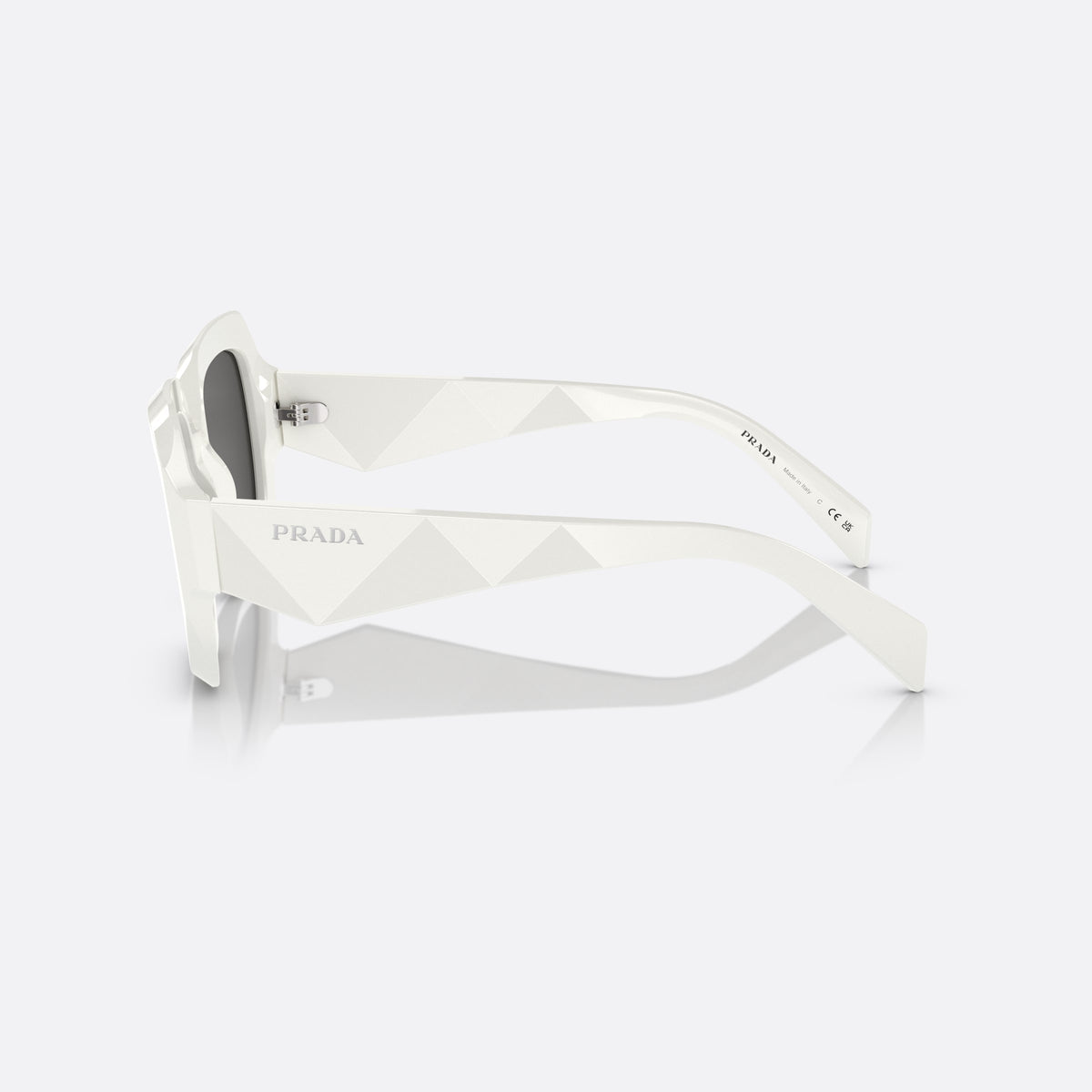 Prada PR 28ZS 17K-08Z sunglasses, white rectangle frame for women, plain bridge, brand lettering on the temples, full-rim frame