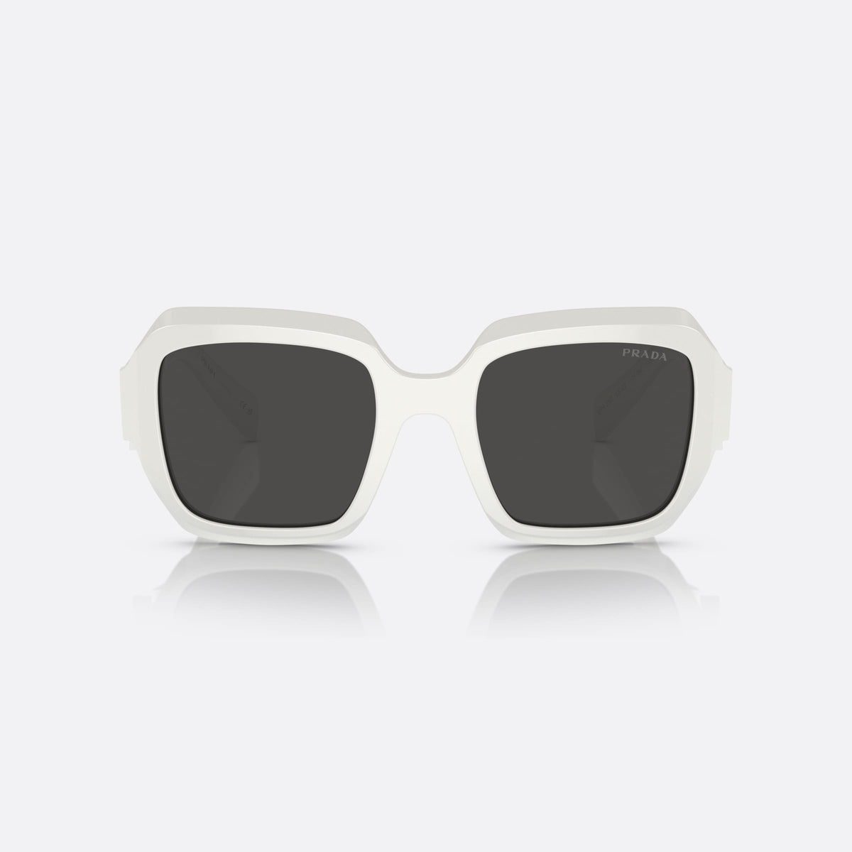 Prada PR 28ZS 17K-08Z sunglasses, white rectangle frame for women, plain bridge, brand lettering on the temples, full-rim frame