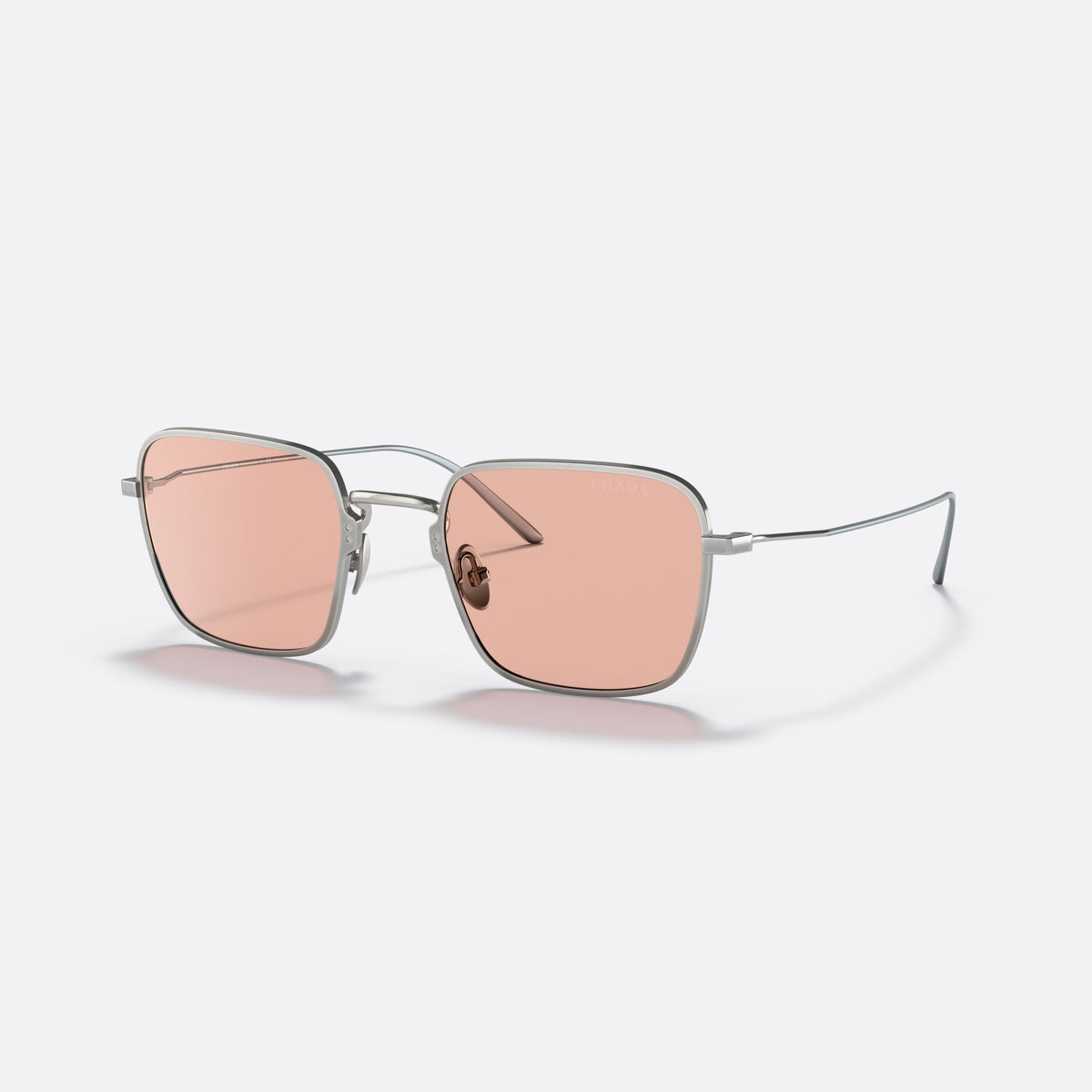 Prada PR 54WS 05Q-03F sunglasses, silver rectangle frame for women, double metal bridge, brand lettering on lens