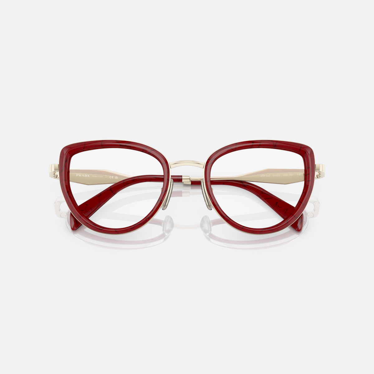 Rame ochelari de vedere Prada PR 54ZV 15D1O1, pillow roșu, pentru femei, punte metalică cu finisaj auriu, finisaj metalic lustruit, cu brațele pliate