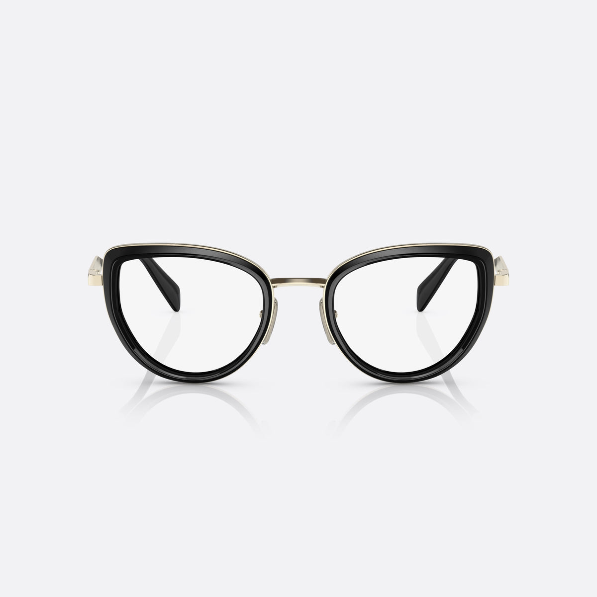 Prada PR 54ZV 1AB-1O1 eyeglasses, black cat eye frame for women, metal bridge with gold-tone finish, clear lenses, front view