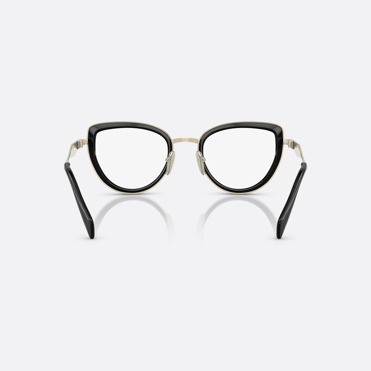 Prada PR 54ZV 1AB-1O1 eyeglasses, black cat eye frame for women, metal bridge with gold-tone finish, clear lenses, back view