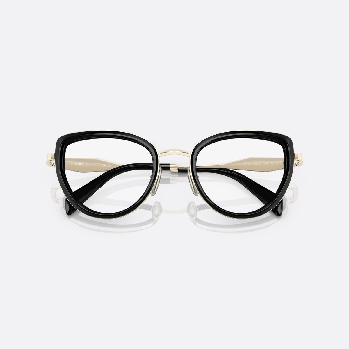 Prada PR 54ZV 1AB-1O1 eyeglasses, black cat eye frame for women, metal bridge with gold-tone finish, clear lenses, folded