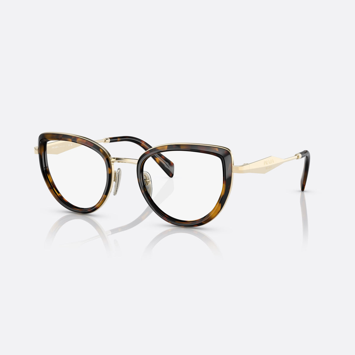 Prada PR 54ZV VAU1O1 eyeglasses, havana pillow frame for women, thin metal double bridge, brand lettering on the temples