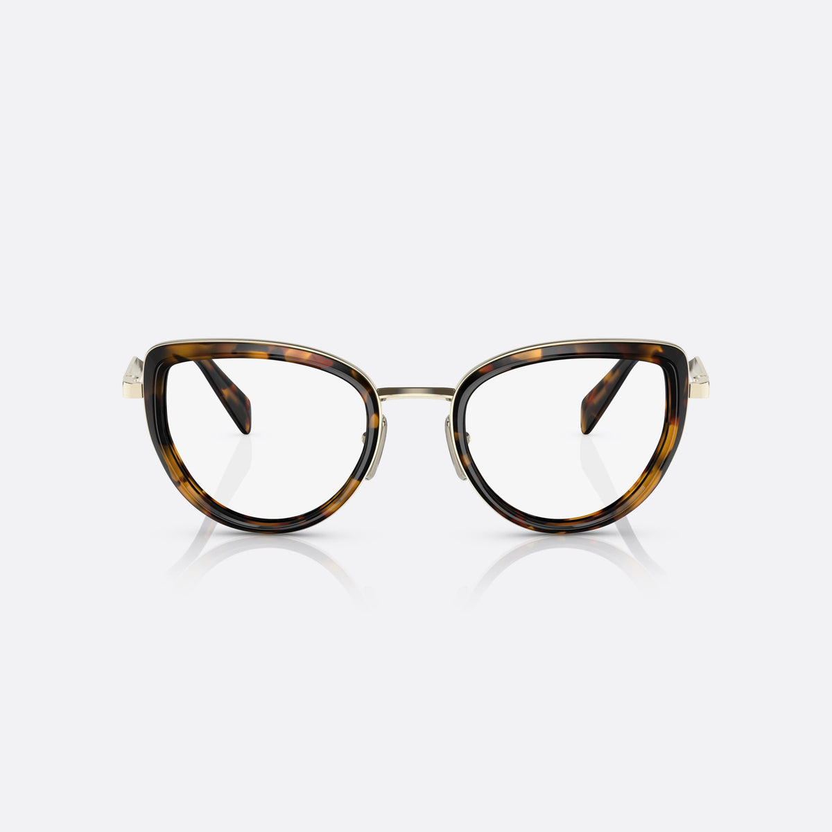 Prada PR 54ZV VAU1O1 eyeglasses, havana pillow frame for women, thin metal double bridge, brand lettering on the temples, front view