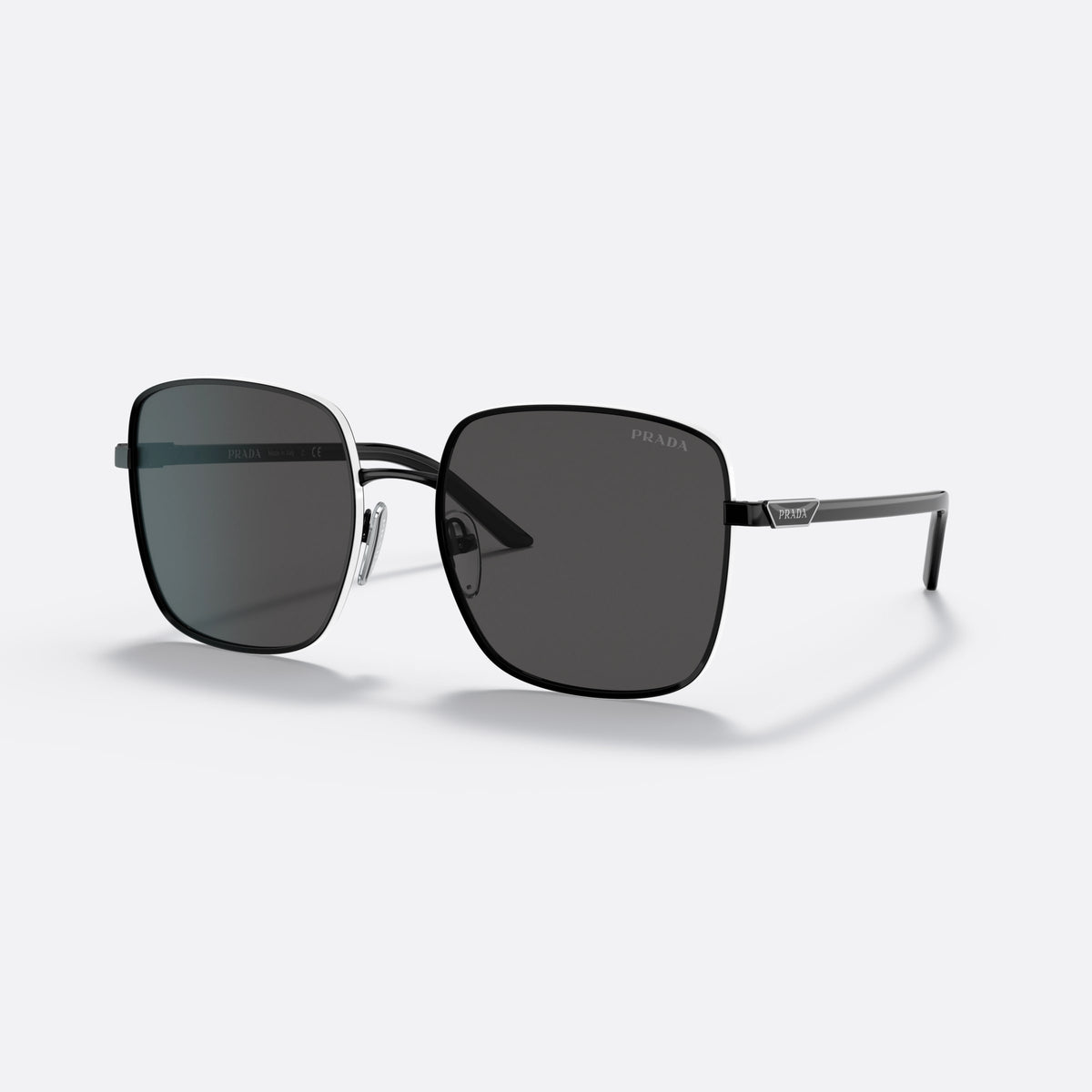 Prada PR 55YS 1AB5S0 sunglasses, black pillow frame for women, thin metal bridge, brand logo plaque on temple
