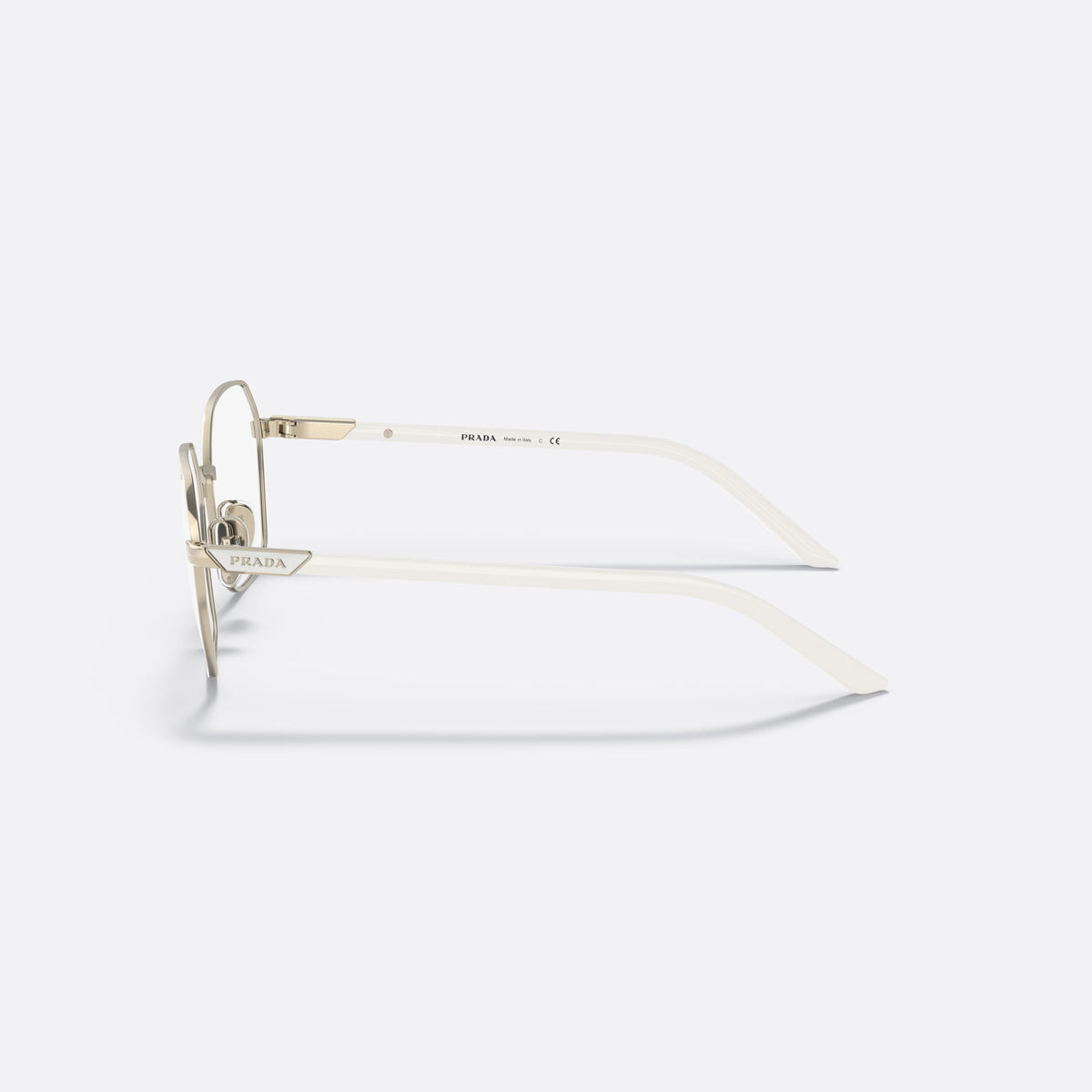 Prada PR 55YV LFB1O1 eyeglasses, white square frame for women, plain metal bridge, brand logo plaque on temple, side view