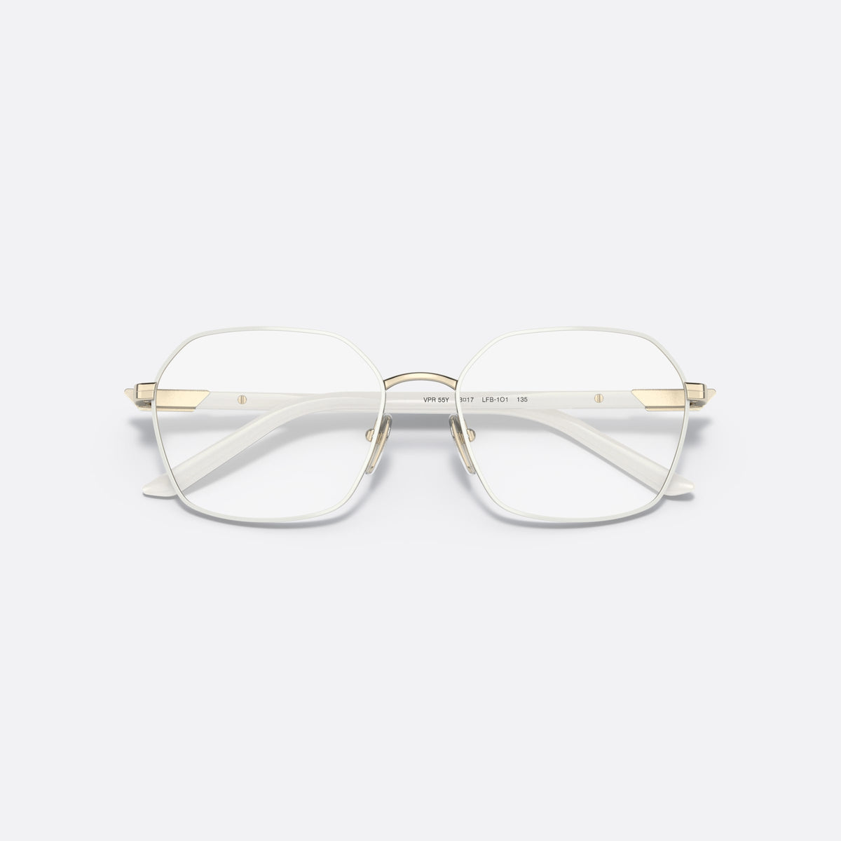 Prada PR 55YV LFB1O1 eyeglasses, white square frame for women, plain metal bridge, brand logo plaque on temple, folded