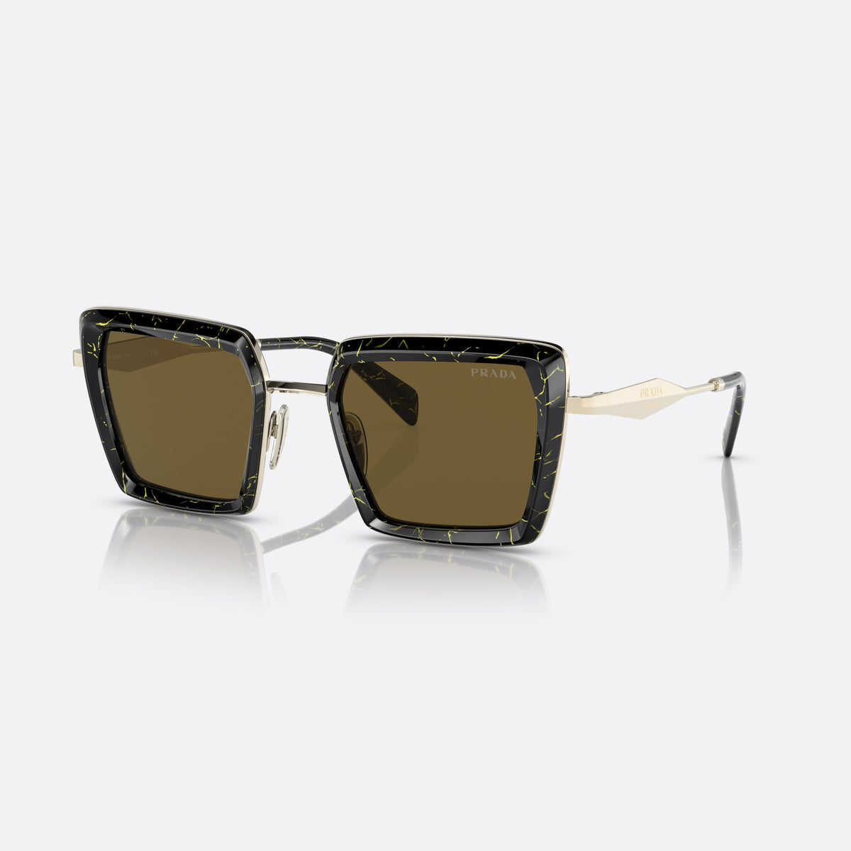 Prada PR 55ZS 19D01T sunglasses, black pillow frame for women, double bridge with metal bar, brand lettering on the temples