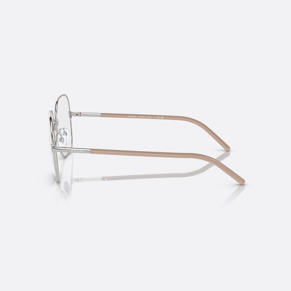Prada PR 56WV 1BC1O1 eyeglasses, silver rectangle frame for women, plain metal bridge, brand lettering on temples, side view