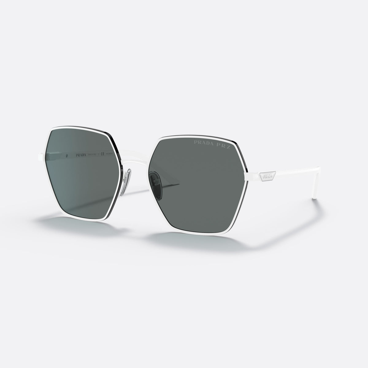 Prada PR 56YS 4615Z1 sunglasses, white square frame for women, thin metal bridge, brand lettering on the temples