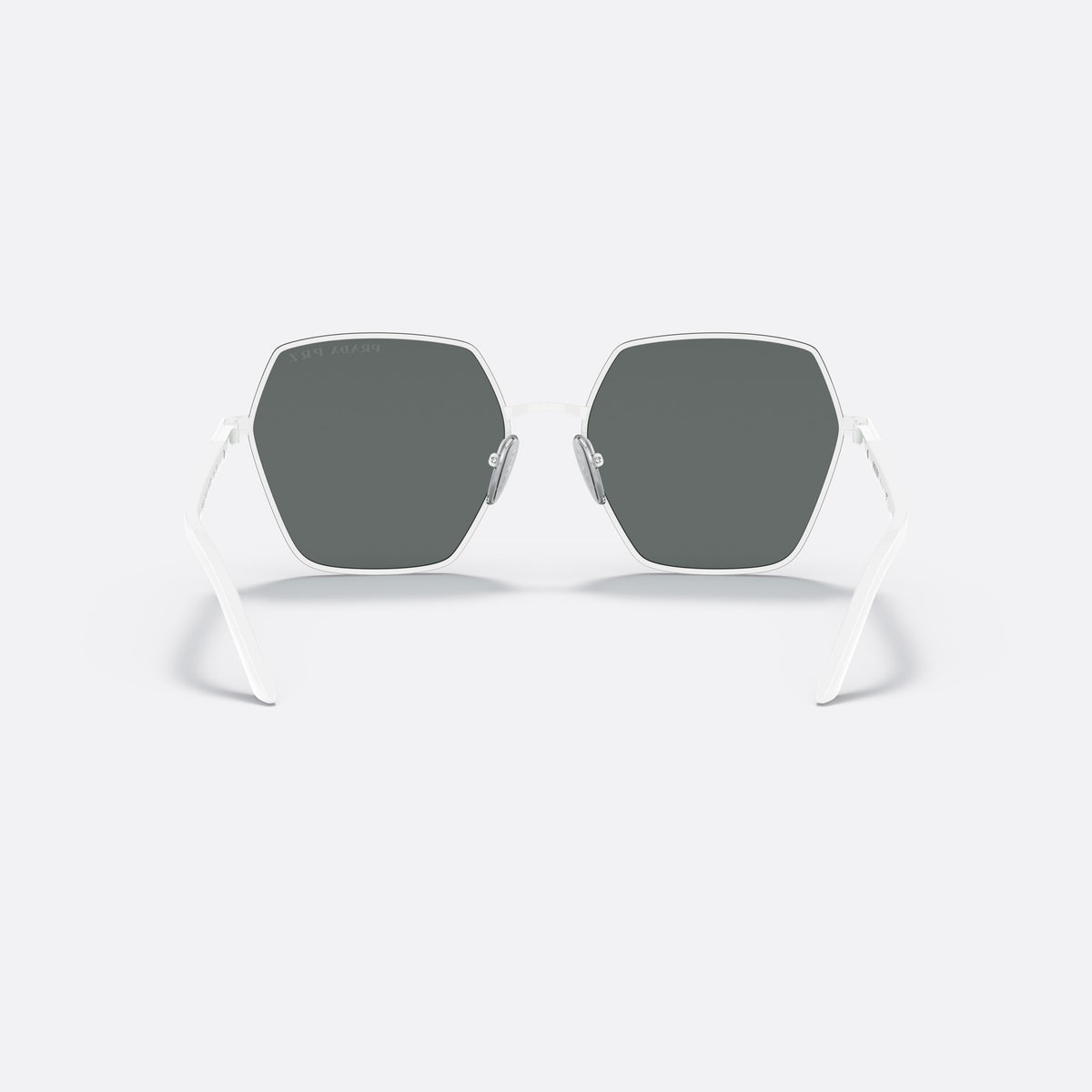Prada PR 56YS 4615Z1 sunglasses, white square frame for women, thin metal bridge, brand lettering on the temples, back view