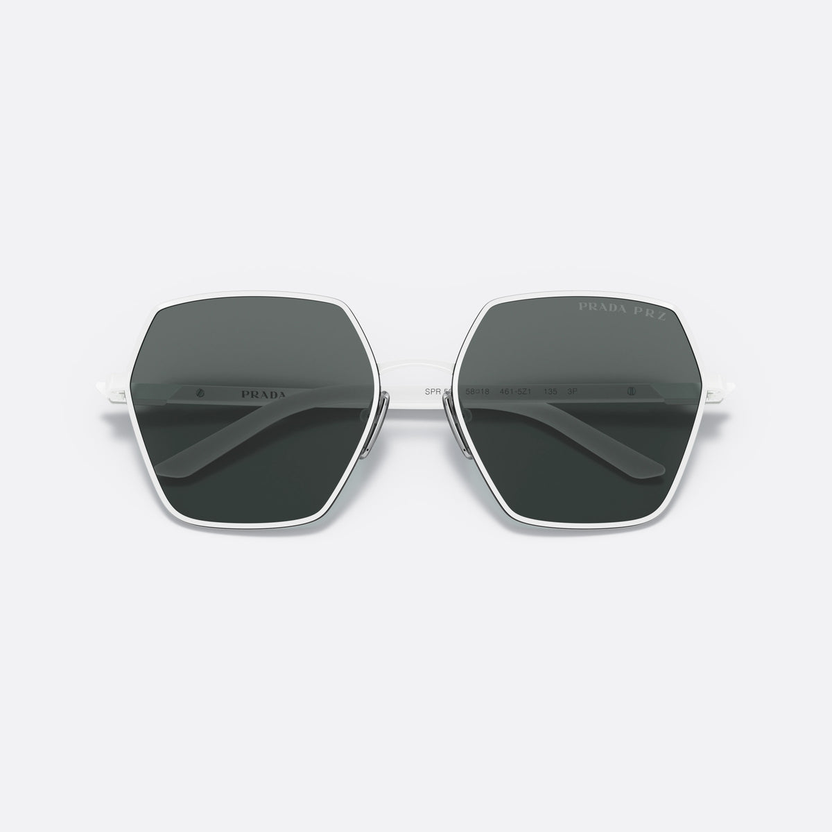 Prada PR 56YS 4615Z1 sunglasses, white square frame for women, thin metal bridge, brand lettering on the temples, folded