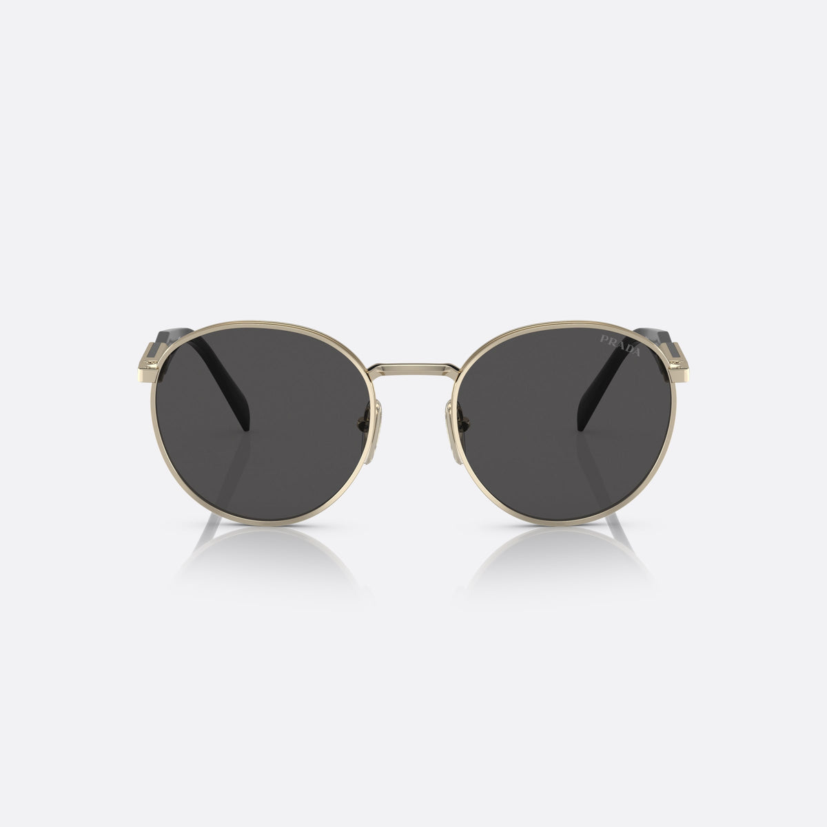 Prada PR 56ZS ZVN-5S0 sunglasses, gold round frame for women, plain metal bridge, brand lettering on temples, front view