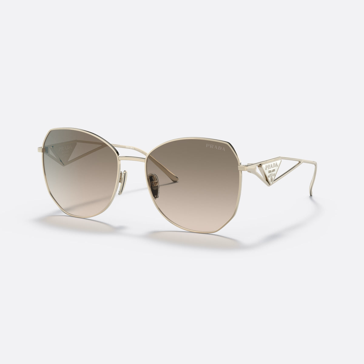 Prada PR 57YS ZVN-3D0 sunglasses, gold irregular frame for women, thin metal bridge, brand logo on temple plaque