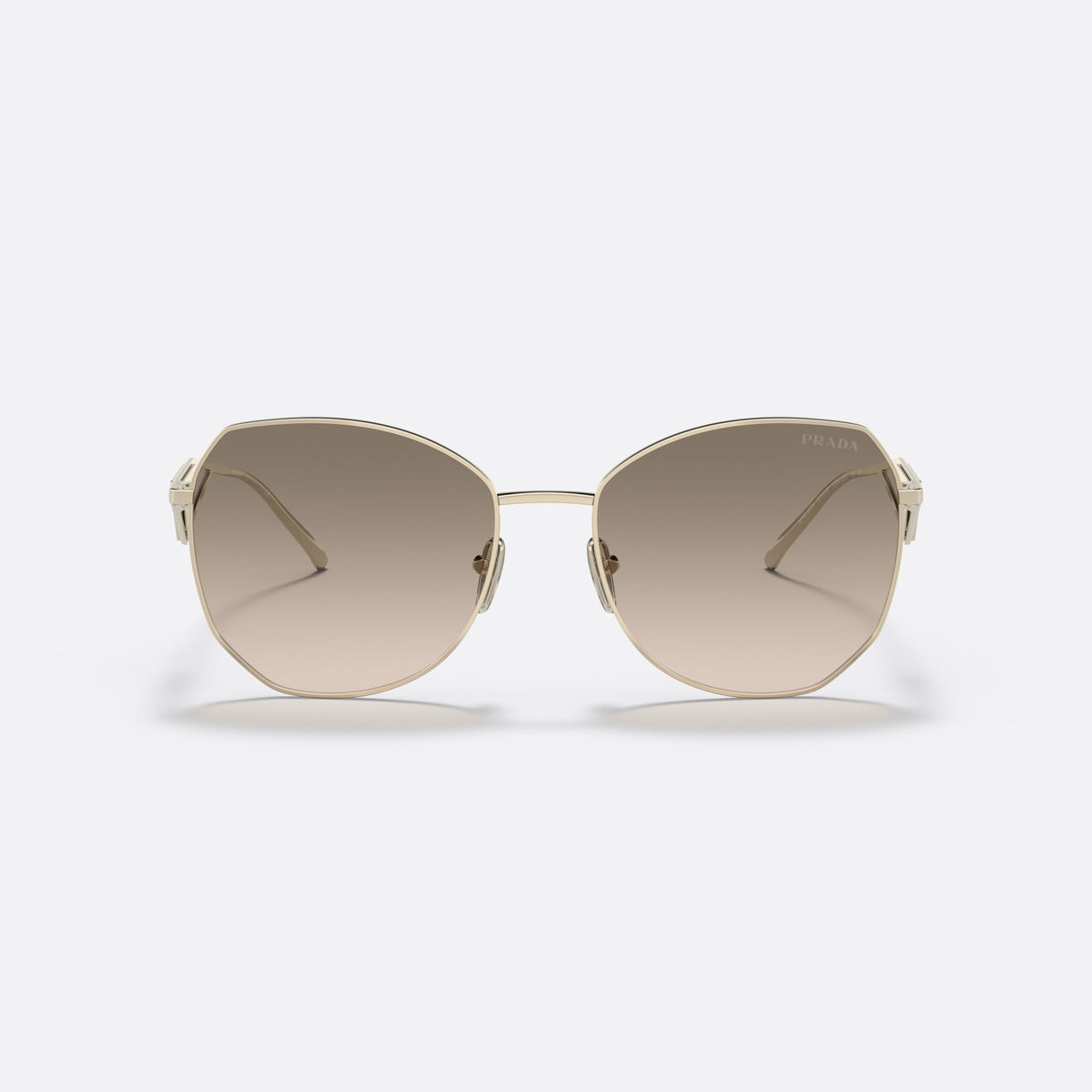 Prada PR 57YS ZVN-3D0 sunglasses, gold irregular frame for women, thin metal bridge, brand logo on temple plaque, front view