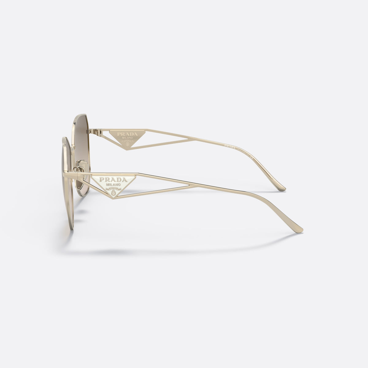 Prada PR 57YS ZVN-3D0 sunglasses, gold irregular frame for women, thin metal bridge, brand logo on temple plaque, side view