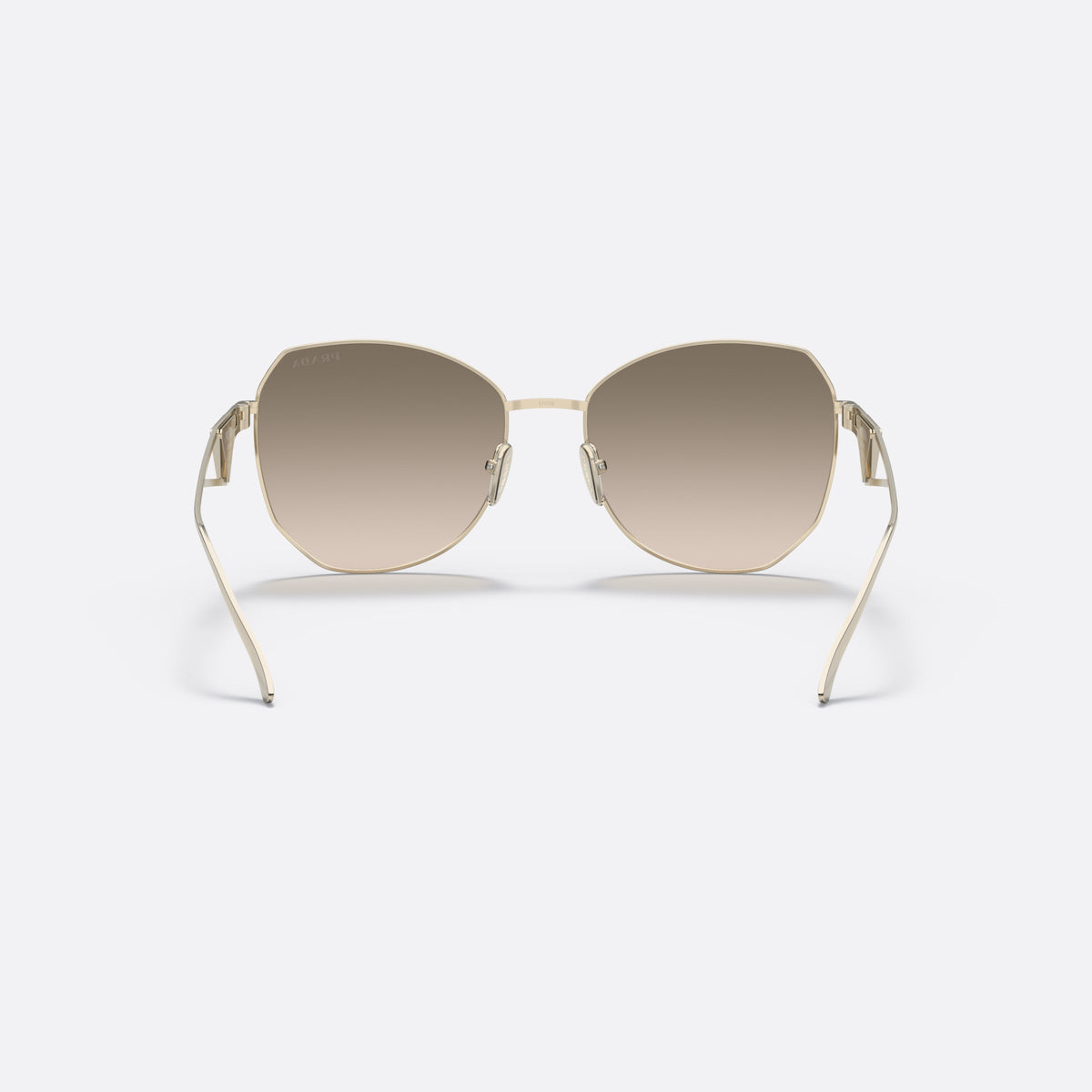 Prada PR 57YS ZVN-3D0 sunglasses, gold irregular frame for women, thin metal bridge, brand logo on temple plaque, back view
