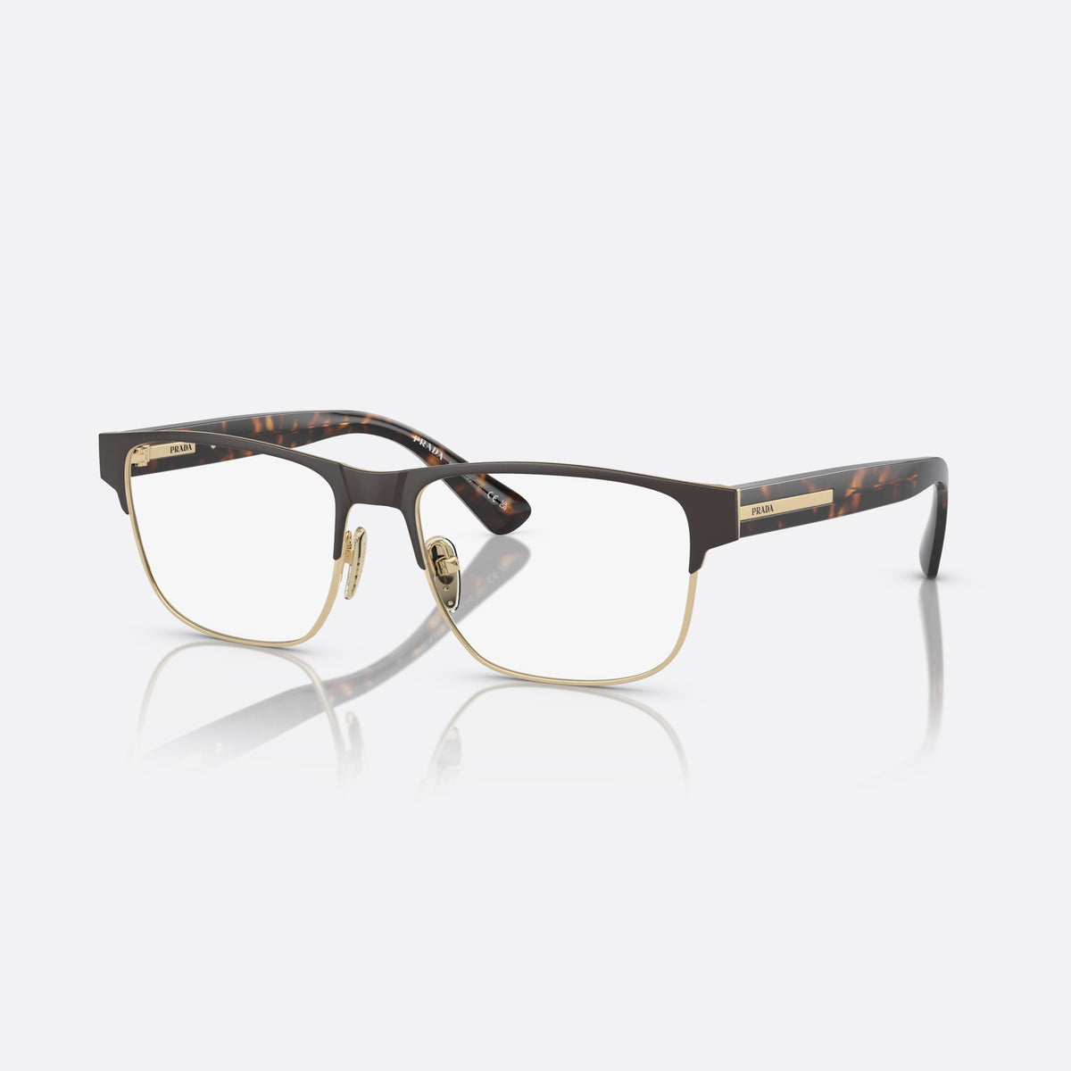 Prada PR 57ZV 01U-1O1 N eyeglasses, brown squared frame for men, saddle bridge with metal, brand lettering on the temples