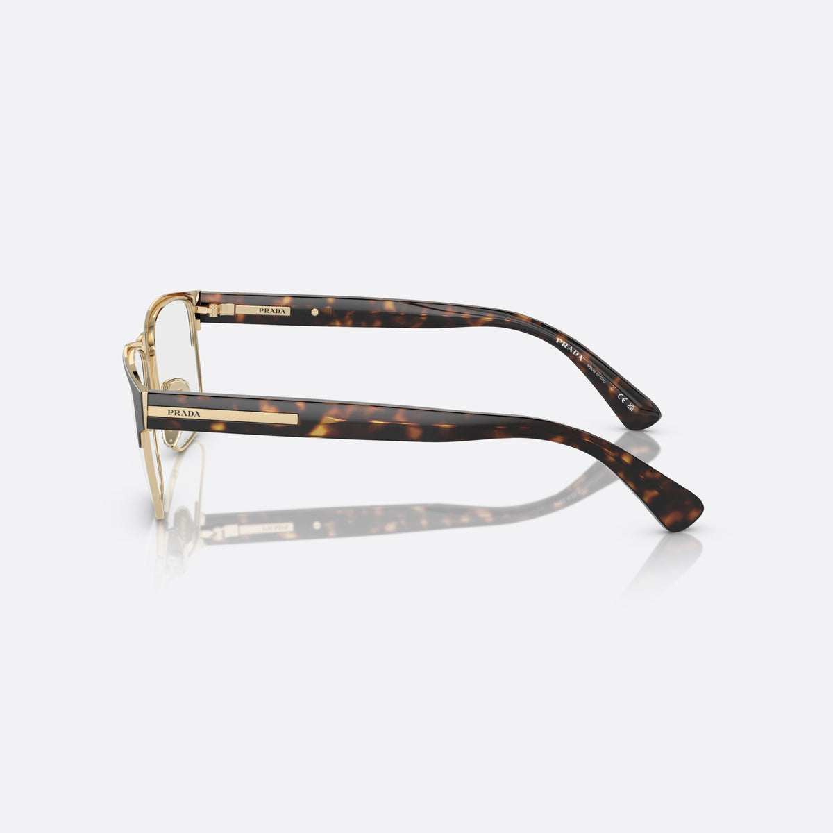 Prada PR 57ZV 01U-1O1 N eyeglasses, brown squared frame for men, saddle bridge with metal, brand lettering on the temples, side view