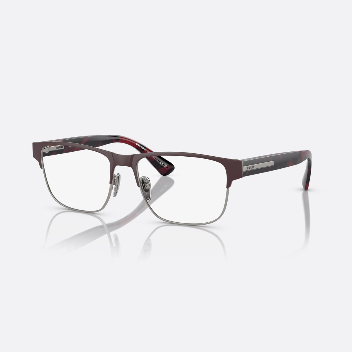 Prada PR 57ZV 12G1O1 eyeglasses, brown pillow frame for men, saddle-style metal bridge, brand lettering on the temples