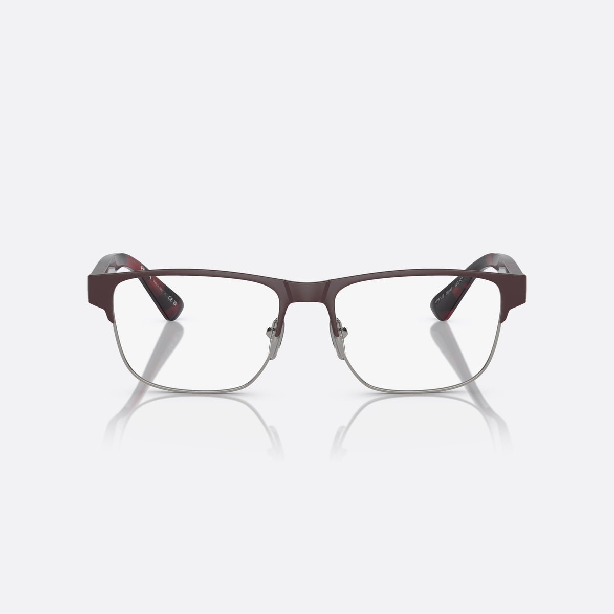 Prada PR 57ZV 12G1O1 eyeglasses, brown pillow frame for men, saddle-style metal bridge, brand lettering on the temples, front view
