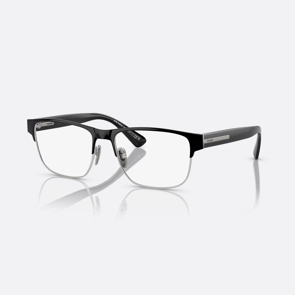 Prada PR 57ZV 1AB-1O1 B eyeglasses, black squared frame for men, plain metal bridge, brand lettering on temples