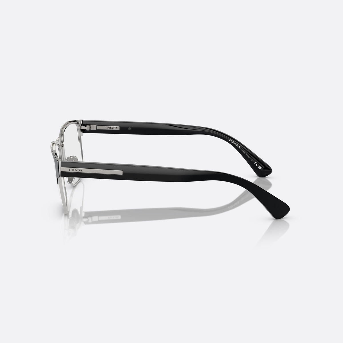 Prada PR 57ZV 1AB-1O1 B eyeglasses, black squared frame for men, plain metal bridge, brand lettering on temples, side view