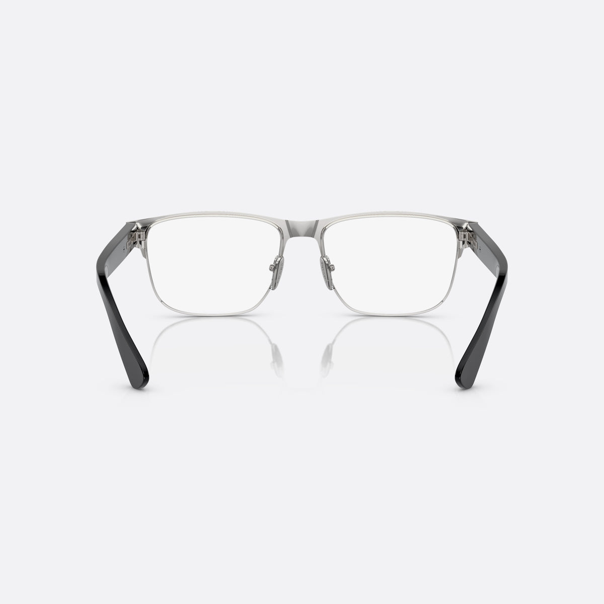 Prada PR 57ZV 1AB-1O1 B eyeglasses, black squared frame for men, plain metal bridge, brand lettering on temples, back view
