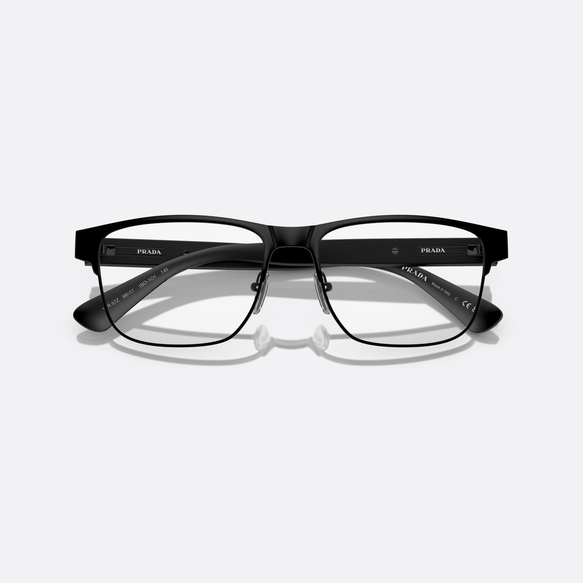 Rame ochelari de vedere Prada PR 57ZV 1BO-1O1 X, patrati negru, pentru bărbați, punte metalică simplă, literele brandului pe brațe, cu brațele pliate