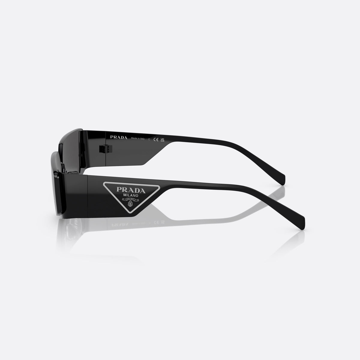 Prada PR 58ZS 1AB-06L sunglasses, black geometric frame for men, double metal bridge, brand logo on temple plaque, side view